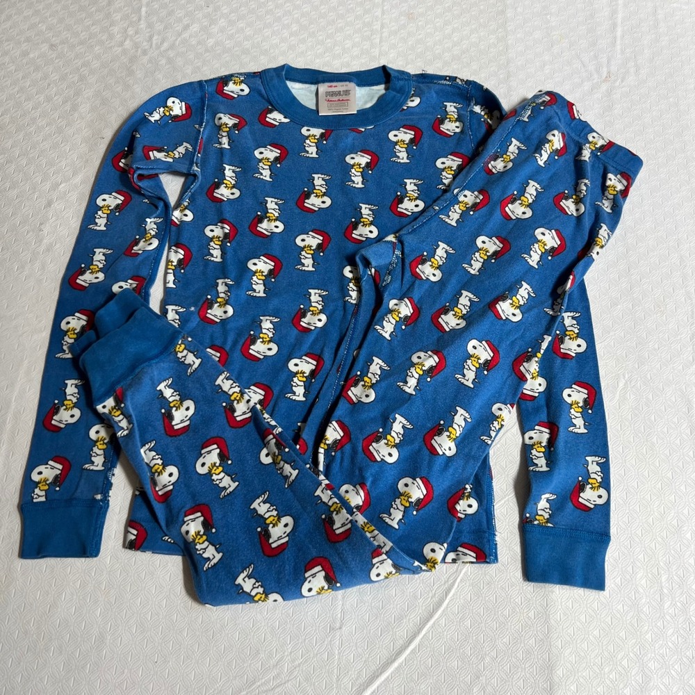 Hanna Andersson 140 (10) Peanuts Snoopy Christmas Long John Pajamas Blue Organic